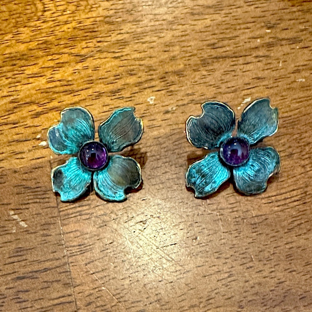 Verdigris patina dogwood earrings.  Genuine Amethyst